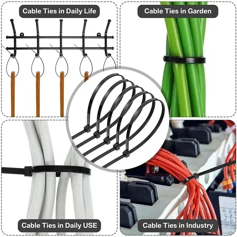 200/100Pcs Nylon Cable Ties Adjustable Self-locking Cord Ties Straps Fastening Loop Reusable Plastic Wire Ties for Home Office
