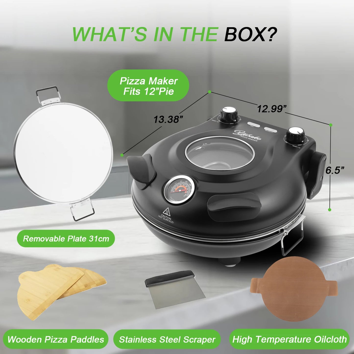 YIBAKE 12 Inch Electric Pizza Oven Indoor Nonstick Pizza Maker Ceramic Stone Heats up to 420℃ for Delicious Baked Pizzeria Set