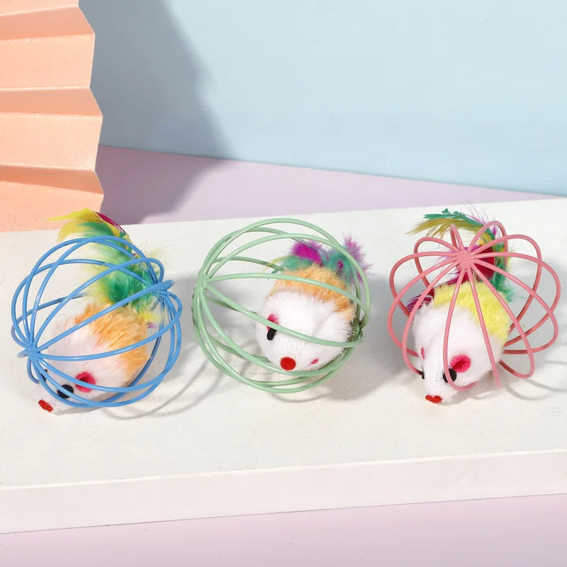 5 PCs Cat Mouse in Cage Toy Interactive Cat Balls Toy Random Color Kitten Creative Playing Toys Cat Mouse Toy Pet Supplies