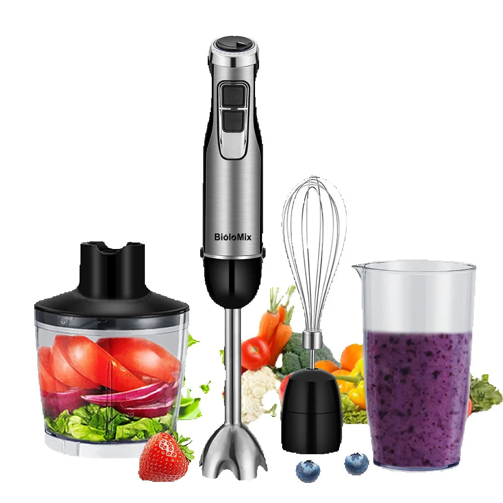 BioloMix Professionele 4-in-1 Staafmixerset - 1200W Krachtige Handmixer met Roestvrijstalen IJsmessen, Inclusief Hakmolen