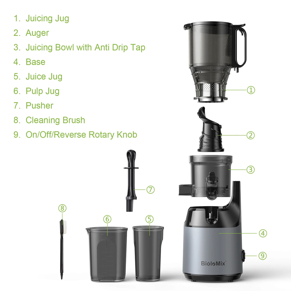 BioloMix Slow Masticating Juicer Cold Press with 130mm Feed Chute BPA Free High Juice Yield Whole Fruit & Vegetable Juicer