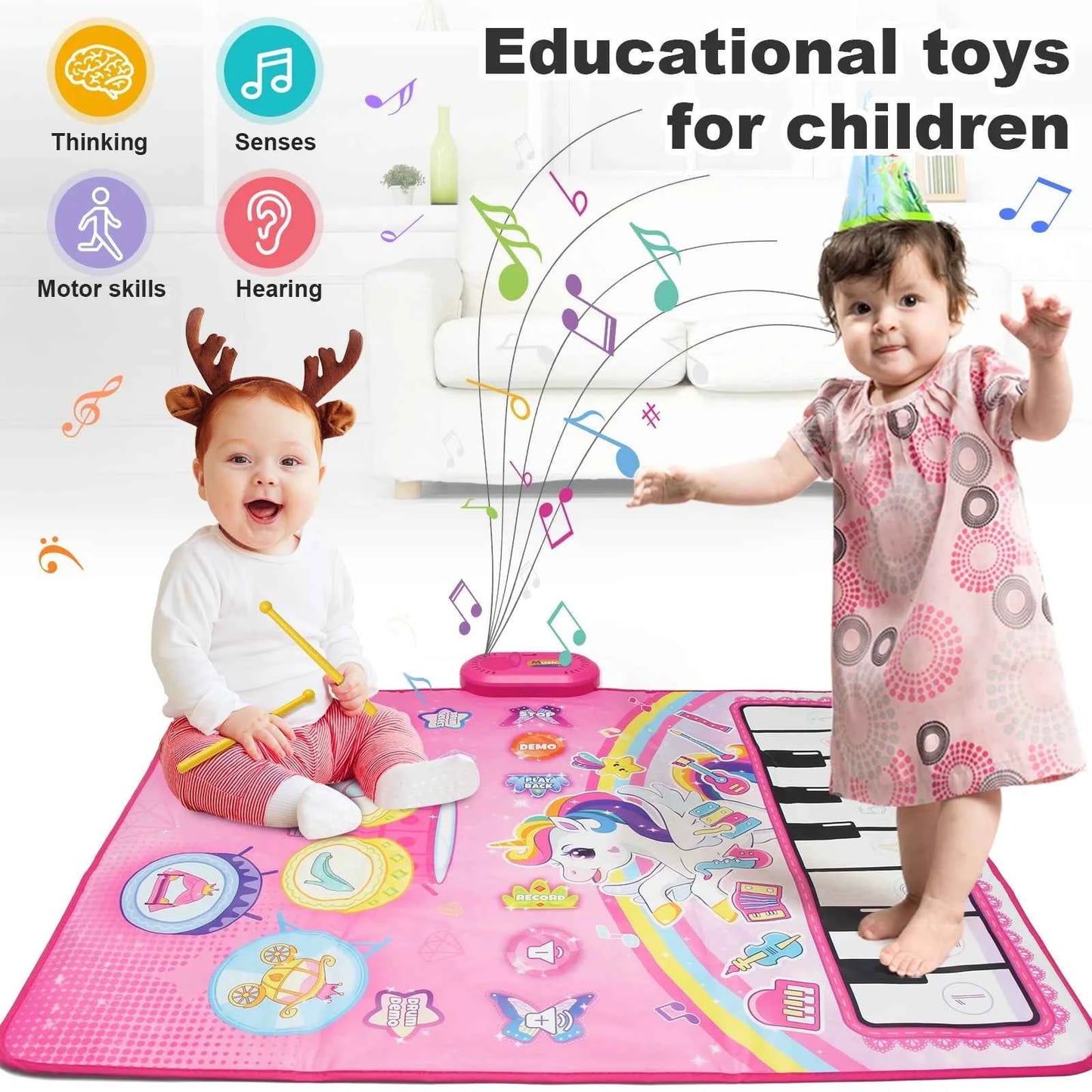 90x70cm Unicorn Music Mat - 2 in 1 Piano Keyboard and Drum Dance Mat for Kids, Educational Toys with 8 Instruments Sounds