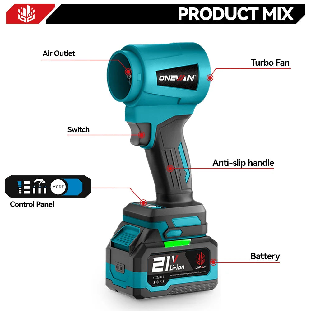 ONEVAN 300.000 TPM Borstelloze Elektrische Turbo Ventilator Jet Fan 400M/S Bladblazer Stofblaasgereedschap voor Makita 18V Accu Pin