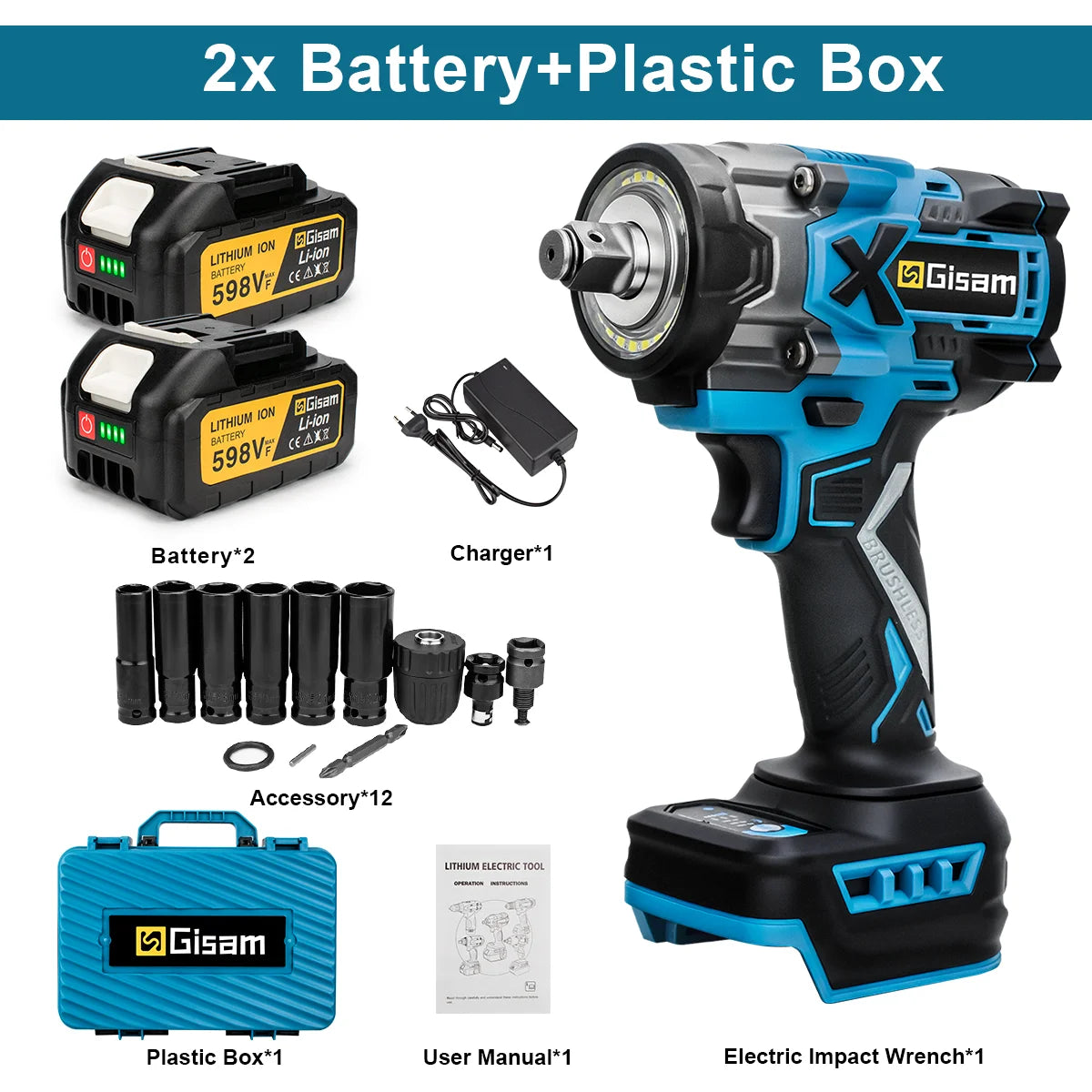 Gisam 900N.M Borstelloze Elektrische Slagmoersleutel 1/2" Accu High-Torque Moersleutel Boormachine Schroevendraaier Gereedschap voor Makita Accu Pin