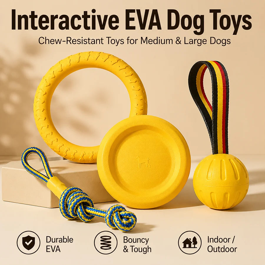 EVA Dog Toy Set Chew-Resistant Ring Flying Disc Rope Ball Tug Strap for Medium Large Dogs Indoor Outdoor Fetch Play Treat Holder