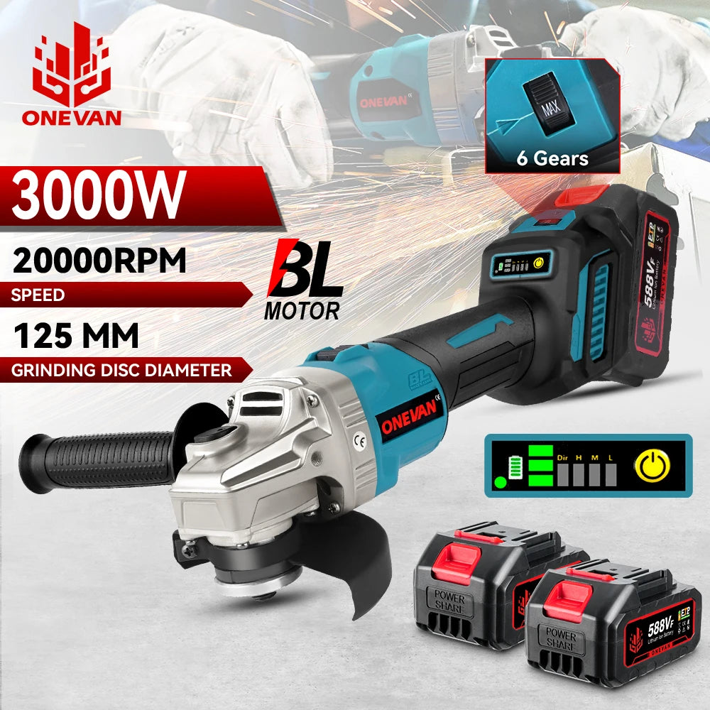 ONEVAN 6Gears Brushless Electric Angle Grinder 125MM Rechargeable Angle Grinder Polishing Power Tools For Makita 18V Battery Pin