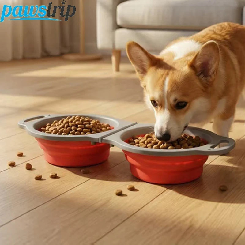 Silicone Pet Dog Double Bowl Collapsible Portable Dog Feeder Bowl Outdoor Travel Puppy Food Container Dog Accessories