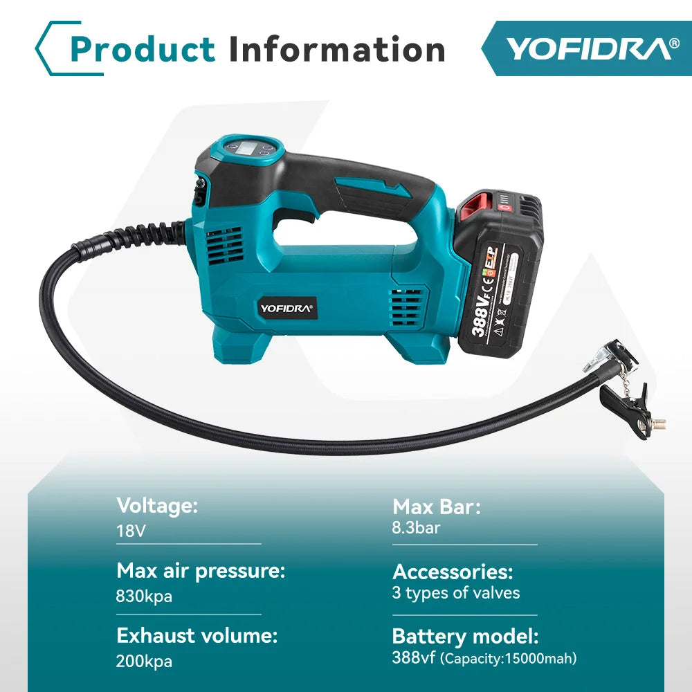 YOFIDRA Hogedruk Draadloze Compressor voor Autobanden met Digitaal Display, Geschikt voor Makita Accu