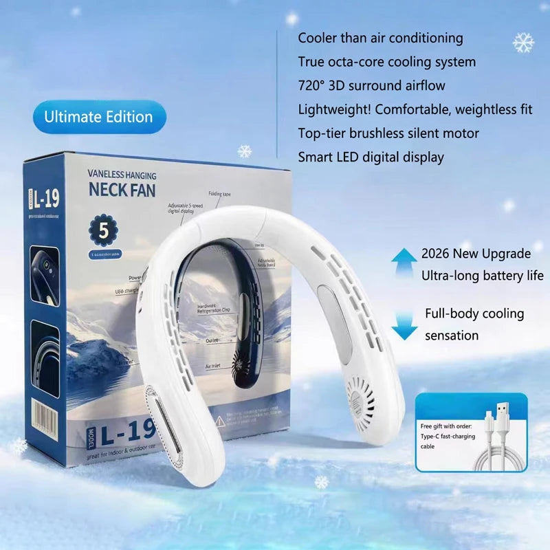 Nouveau ventilateur de cou suspendu sans pales Lenovo avec puce de refroidissement, ventilateur portable rechargeable par USB avec affichage numérique à cinq niveaux de réglage