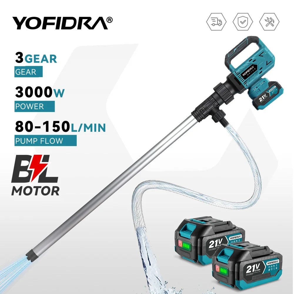 YOFIDRA 3000W 80-150L/Min Brushless Water Transfer Pump 3 Gears Cordless Stick Liquid Extraction Machine For Makita Battery Pin