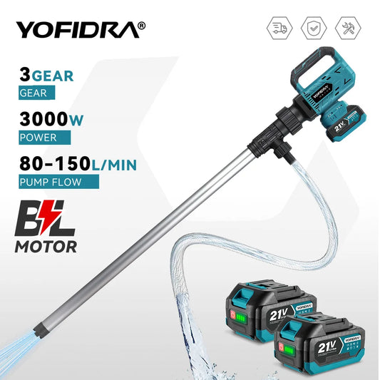 YOFIDRA 3000W 80-150L/Min Brushless Water Transfer Pump 3 Gears Cordless Stick Liquid Extraction Machine For Makita Battery Pin