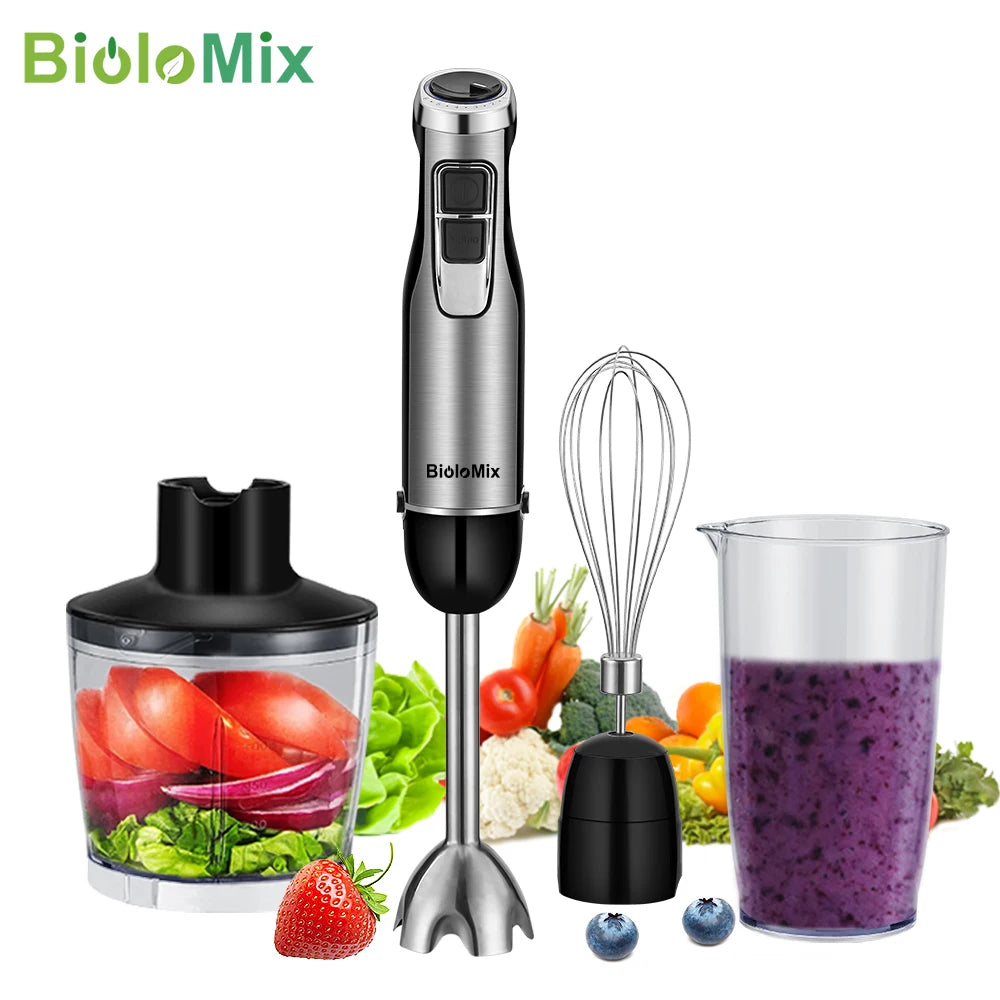 BioloMix Professionele 4-in-1 Staafmixerset - 1200W Krachtige Handmixer met Roestvrijstalen IJsmessen, Inclusief Hakmolen