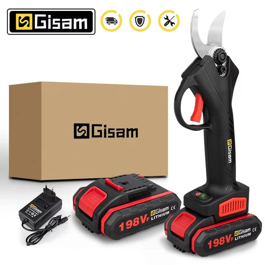 Gisam 30mm Electric Pruning Shears Pruner Cordless Electric Garden Scissors Fruit Tree Cutter Power Tool with 2pcs 198Vf Battery