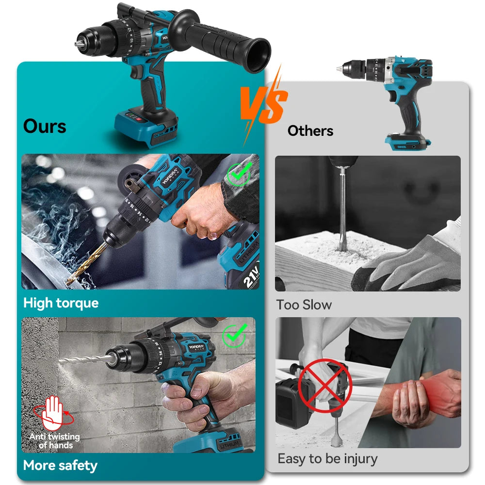 YOFIDRA 900N.M 13MM Brushless Electric Impact Drill 20+3 Torque Handheld Drilling Screwdriver Power Tool For Makita Battery Pin