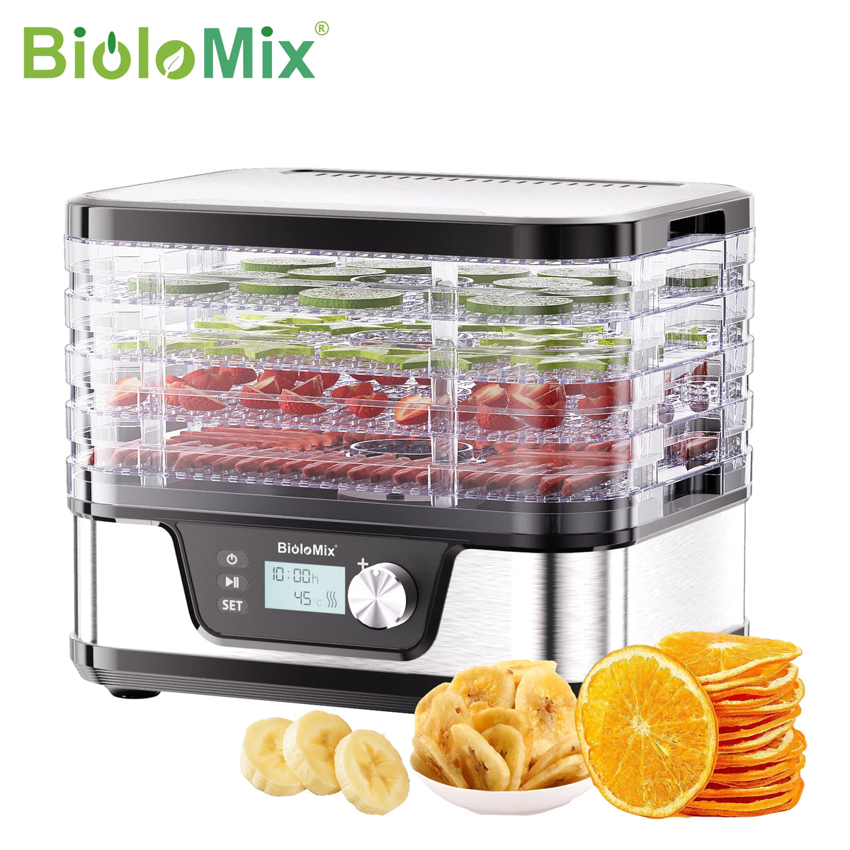 BioloMix BPA FREE 5 Trays Food Dryer Dehydrator with Digital Timer and Temperature Control for Fruit Vegetable Meat Beef Jerky