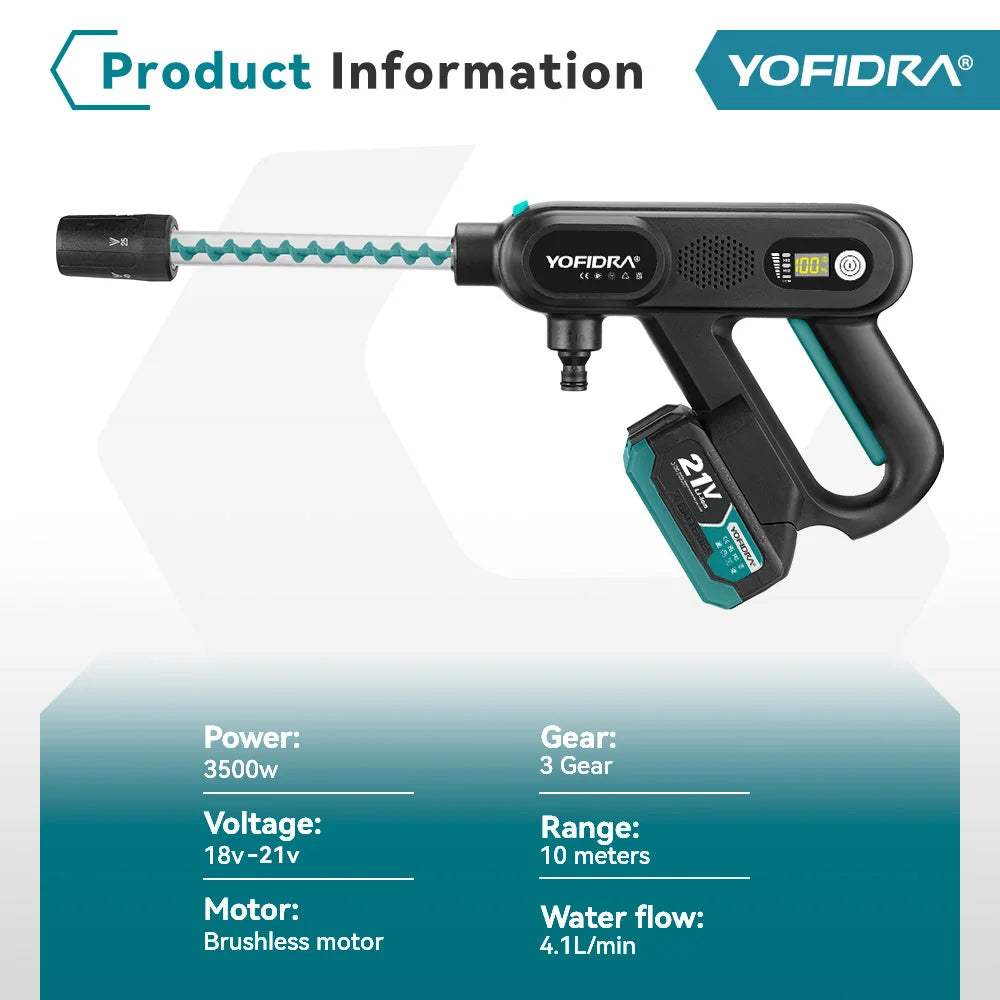YOFIDRA 5IN1 220Bar Brushless Electric High Pressure Car Washer Gun Water Spray Gun Washing Power Tools For Makita Battery Pin