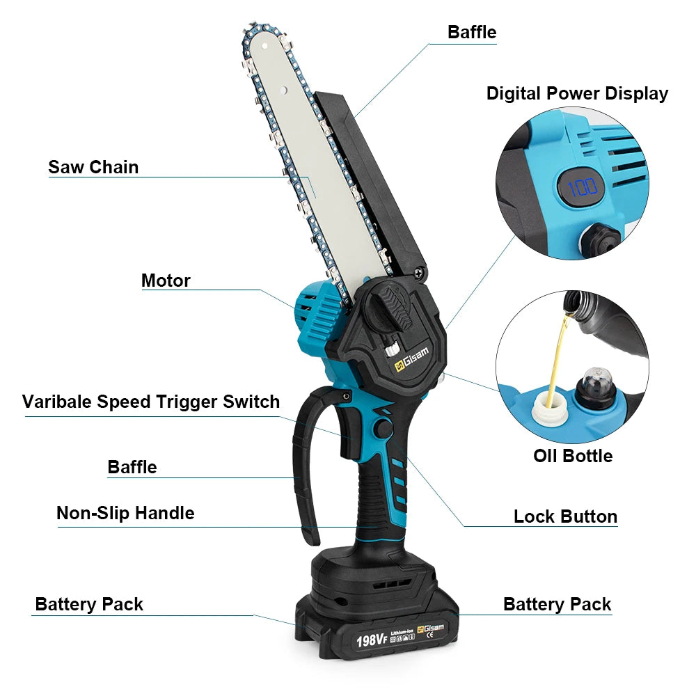 Gisam 8'' Brushless Mini Chainsaw Cordless Electric Saw Rechargeable Woodworking Garden Pruning Saw for Makita 18V Battery Pin