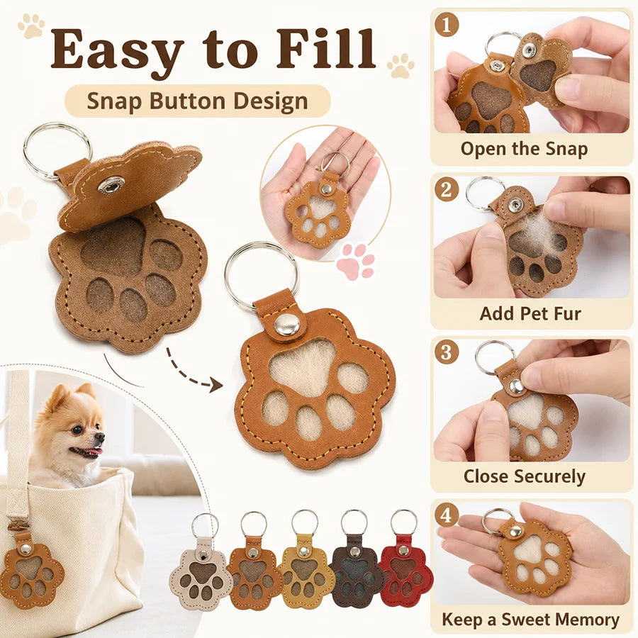 Pet Paw Fur Keepsake Keychain, Cute Fillable Cat Dog Hair Collection Pendant for Bags Keys, Snap Button Gift, 5.5cm with Ring