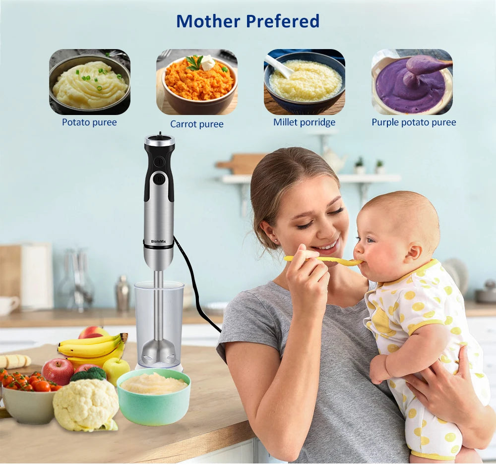 Mixeur plongeant 5-en-1 BioloMix 1200W, incluant hachoir à légumes, hachoir à viande, fouet et gobelet à smoothie