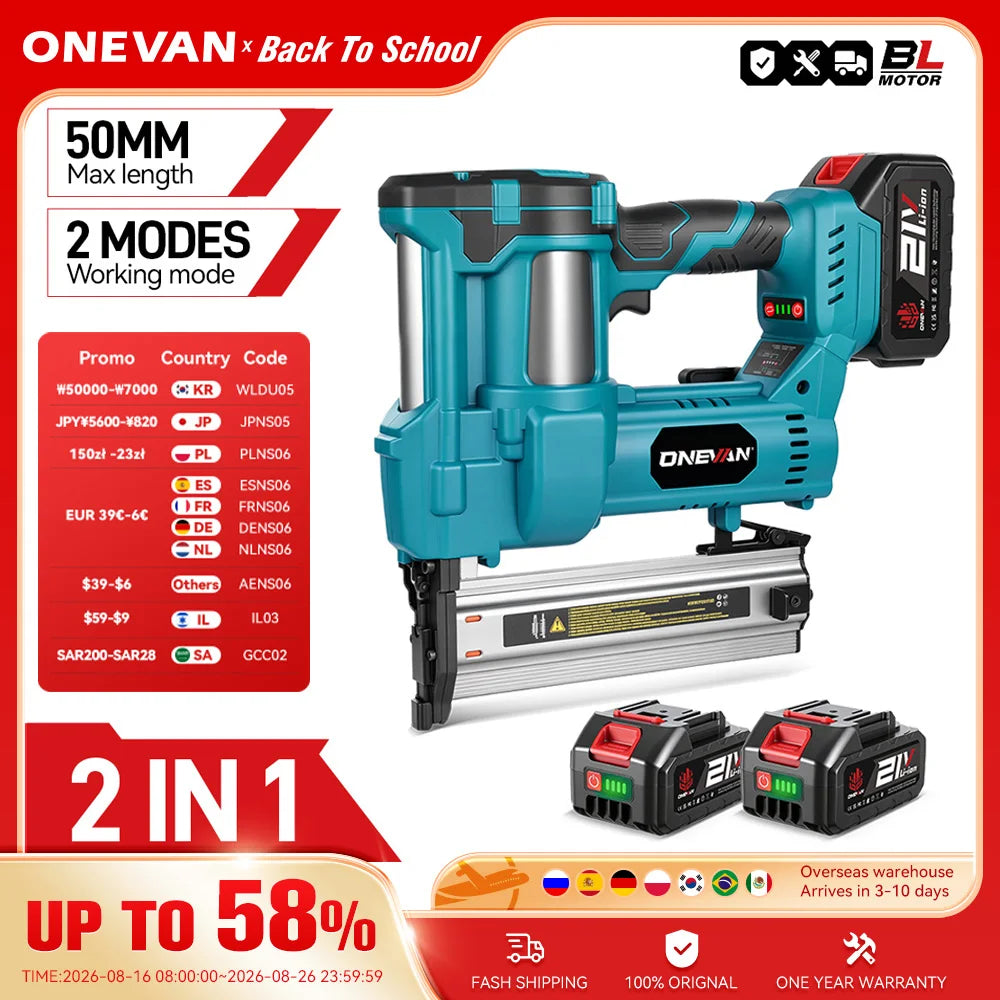 ONEVAN Borstelloze Elektrische 2-in-1 Nagel-/Nietpistool F15-50 K410-438 Accugereedschap met 4 Modi voor Makita 18V Accu