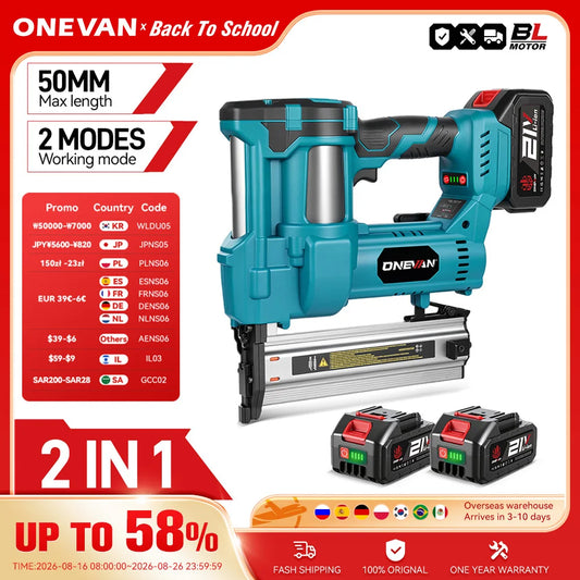 ONEVAN Brushless Electric 2 in 1 Nailer/Stapler Gun F15-50 K410-438 Cordless Tools With 4 Mode Nail For Makita 18V Battery Pin