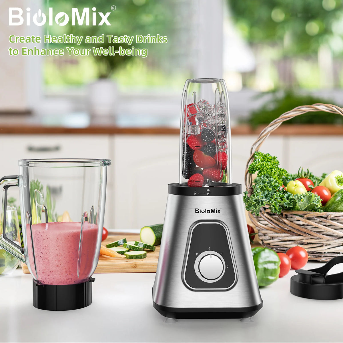 BioloMix professionele 1300W blender met 1,5L BPA-vrije glazen kan, perfect voor bevroren smoothies en zelfgemaakte sauzen