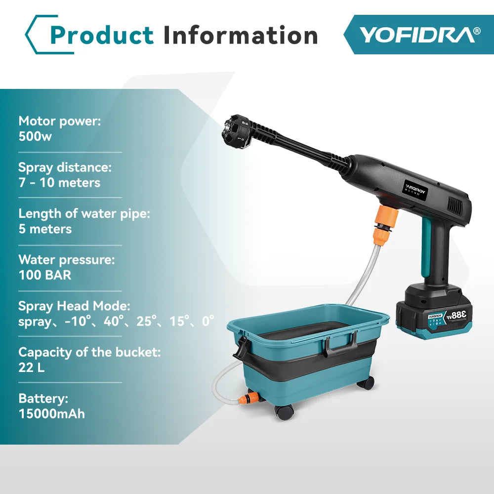 YOFIDRA 6-in-1 100Bar elektrische waterpistool met 22L inklapbare emmer, hogedrukreiniger voor thuis en auto, geschikt voor Makita 18V-accu