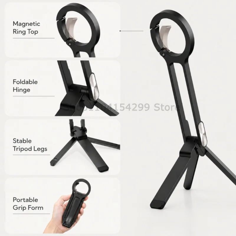 Foldable Phone Tripod Carabiner-Mounted for IPhone 17 16 15 Portable Dual-sided Magnetic Tripod Desk Mount Phone Handle Holder