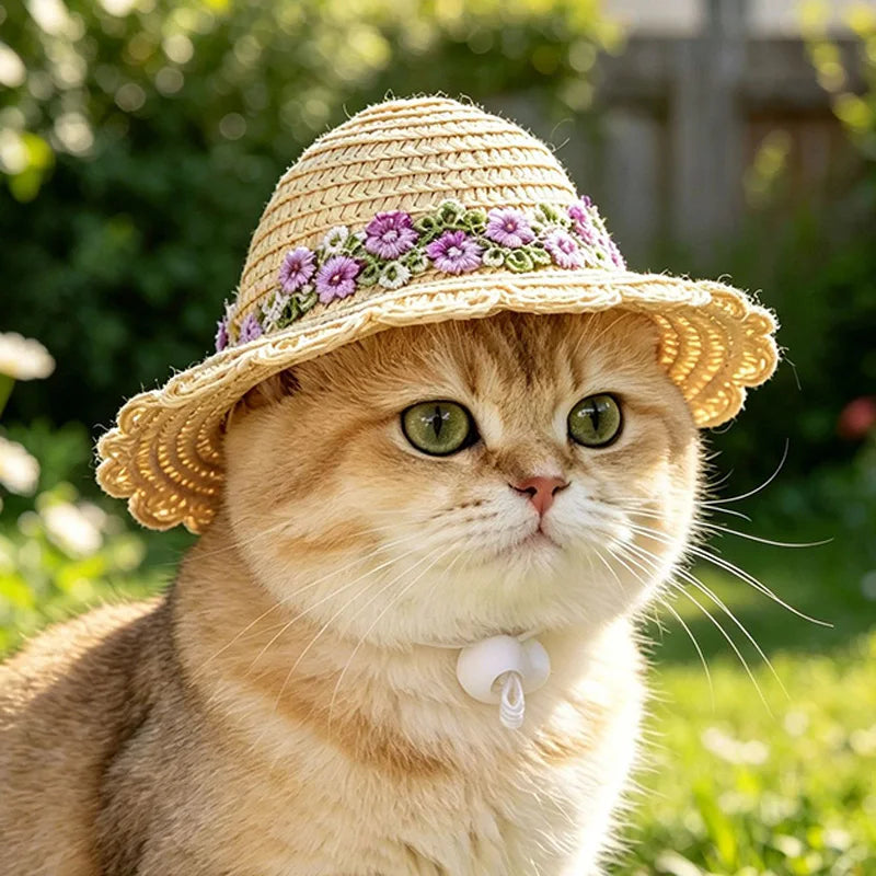 Cute Pet Straw Hat for Cats Small Dogs Adjustable Cat Princess Hat Summer Puppy Sun Hat Outdoor Cute Kitten Headwear Pet Supply