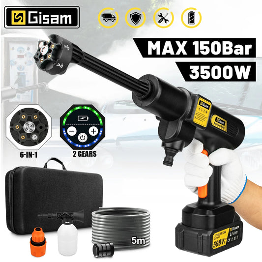 Gisam 200BAR 6-in-1 Brushless Cordless High Pressure Car Washer Rechargeable Lithium Battery Car Cleaning Washer Spray Water Gun