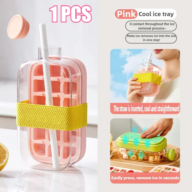 Ice Cube Water Bottle Ice Cube Mold Press Ice Maker With Lid Food Grade Ice-Making Straw Dual-use Ice-Kettle NO TOUCH Silicone