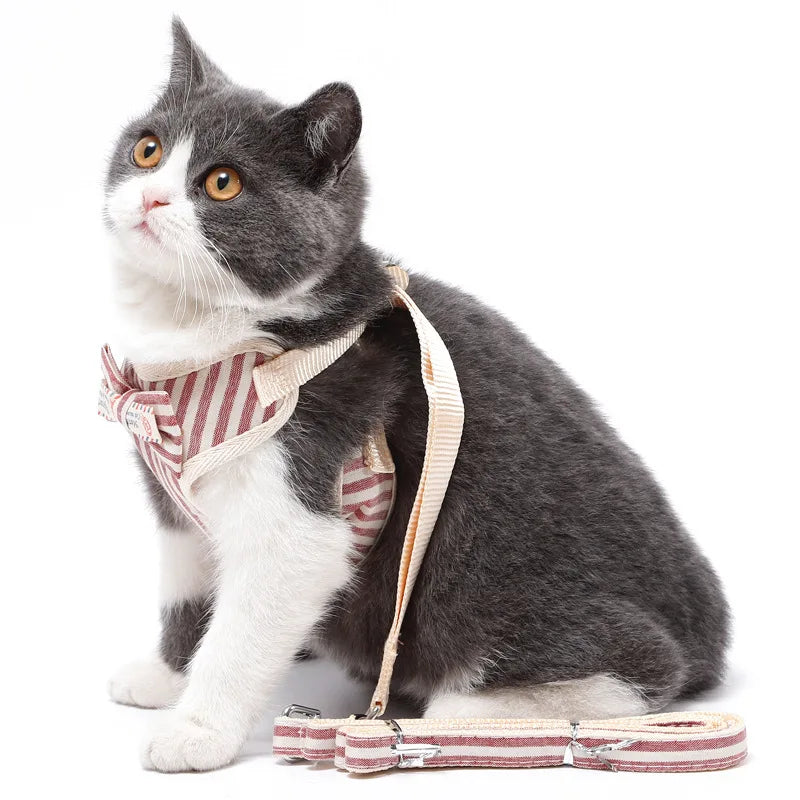 Striped Adjustable Cat Harness Leash Escape Proof Pet Harness for Cats Small Dogs Outdoor Walking Cat Harness with Bowknot