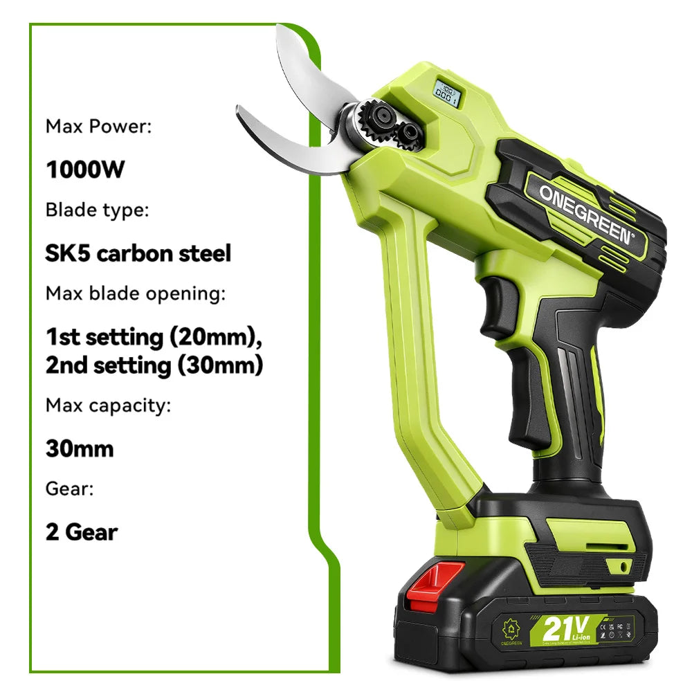 ONEGREEN Brushless 30MM Electric Pruner Shear 2 Gears Cordless Scissors Tree Bonsai Pruning Tools For Makita 21V Battery Pin