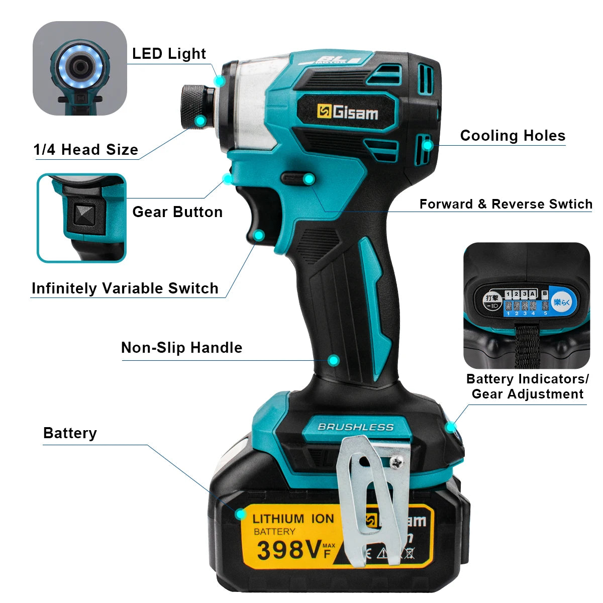 Gisam Cordless Electric Impact Screwdriver 688NM Power Tool Rechargeable Brushless Wrench Driver Kit for Makita 18V Battery Pins