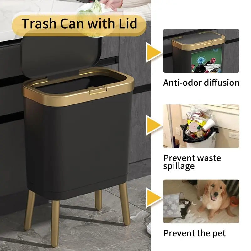 Bedroom Trash Can with Lid,Slim Bathroom Cans Lids, Dog Proof Press Top Lid,Modern Gold Plastic Waste Basket for Office,Kitchen