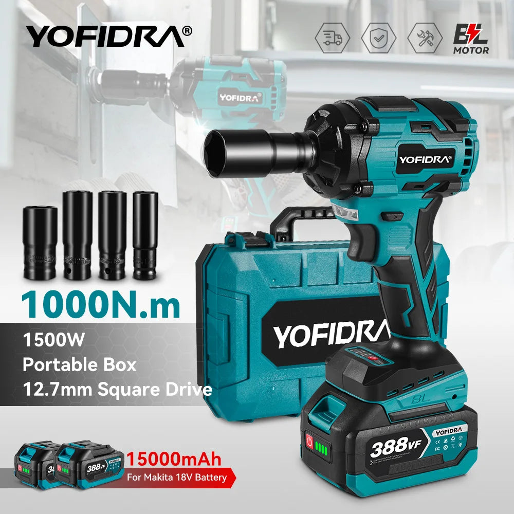 YOFIDRA Boulonneuse à chocs électrique sans fil 1/2" 1000 N.m, clé à chocs portative pour vissage automobile, ensemble avec douilles, compatible batterie Makita avec goupille