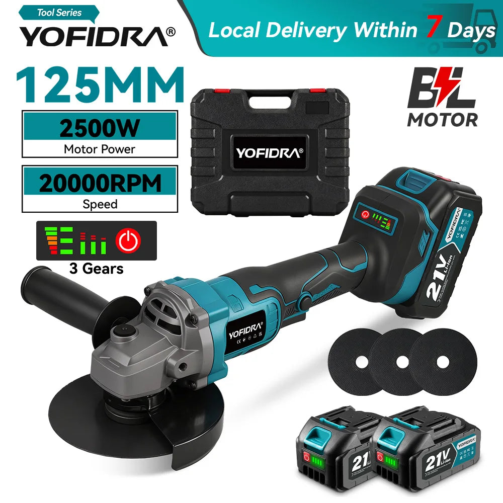 Meuleuse d'angle électrique sans balais YOFIDRA 20 000 tr/min 125 mm pour couper, meuler et polir le bois et le métal, outil électrique compatible avec les batteries Makita 18-21V