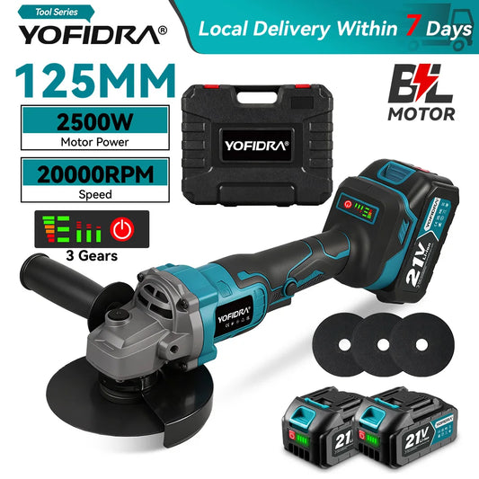 YOFIDRA 20000RPM 125mm Brushless Electric Angle Grinder Wood Metal Cutting Grinding Polishing Power Tool For Makita 18-21V Battery Pin