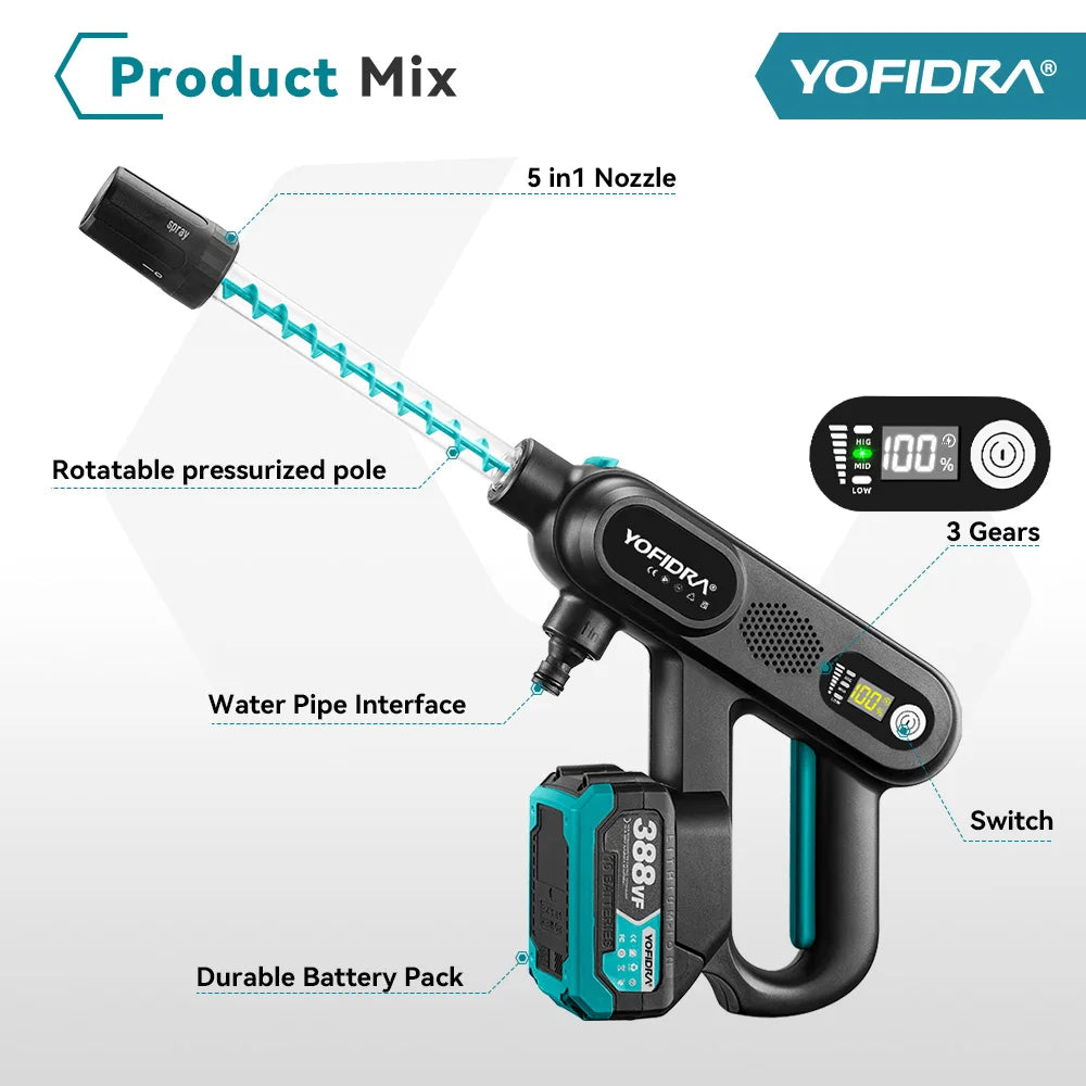 YOFIDRA Borstelloos elektrisch hogedrukreinigerspistool 500 Bar waterspuitpistool huishoudelijk tuingereedschap voor Makita-accu