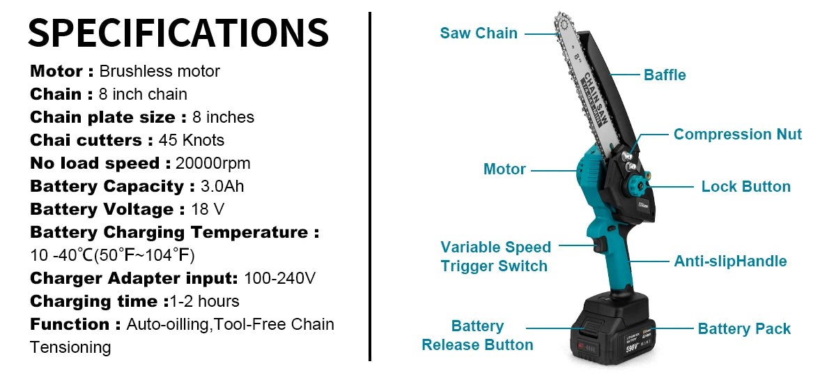 Gisam 8 Inch Brushless Chain Saw with Oil Can Cordless Handheld Pruning Chainsaw Woodworking Electric Saw Cutting Power Tools