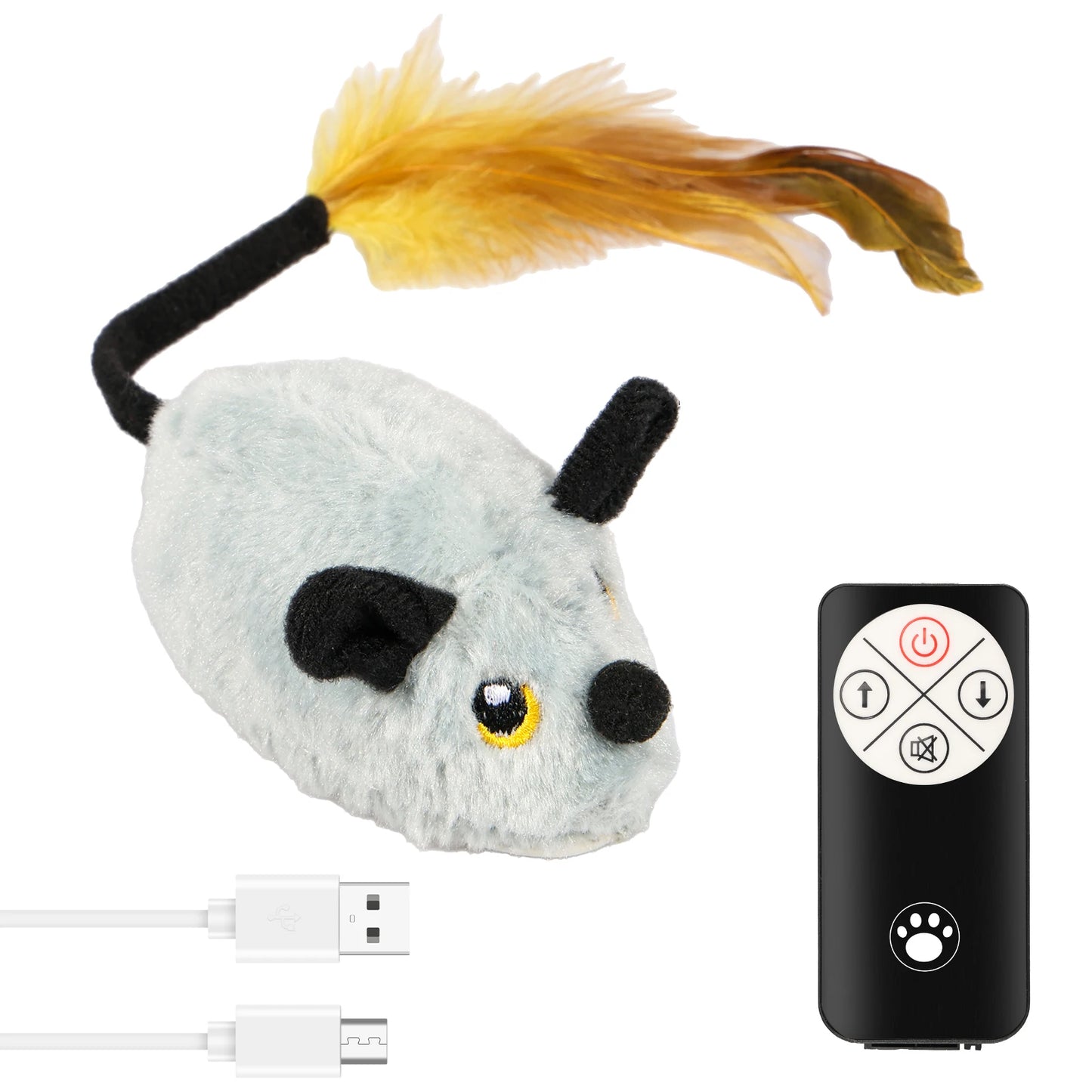 Remote-controlled plush mouse cat toy with a feathered tail and charging cables.