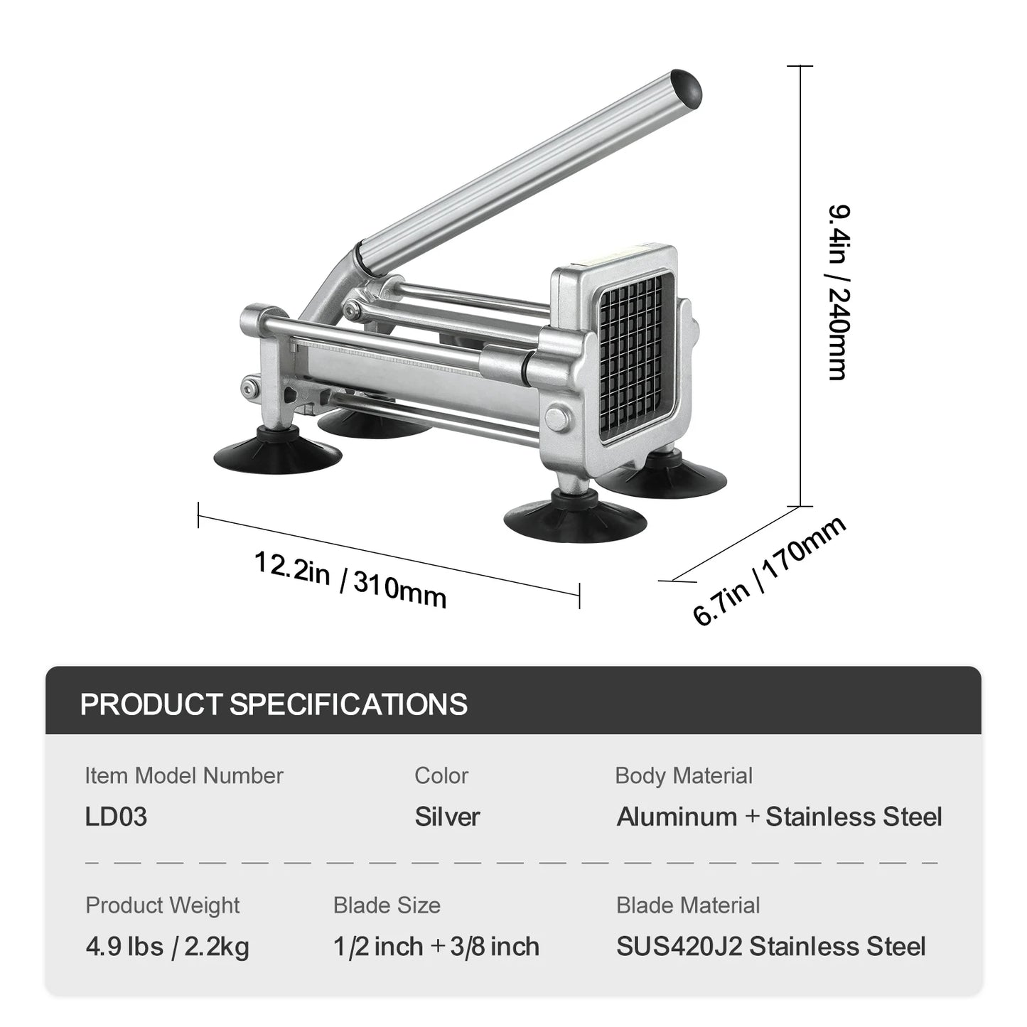 SucceBuy French Fry Cutter Potato Slicer 1/2 3/8 1/4-Inch Stainless Steel Blades for French Fries Cucumber Vegetables Carrot