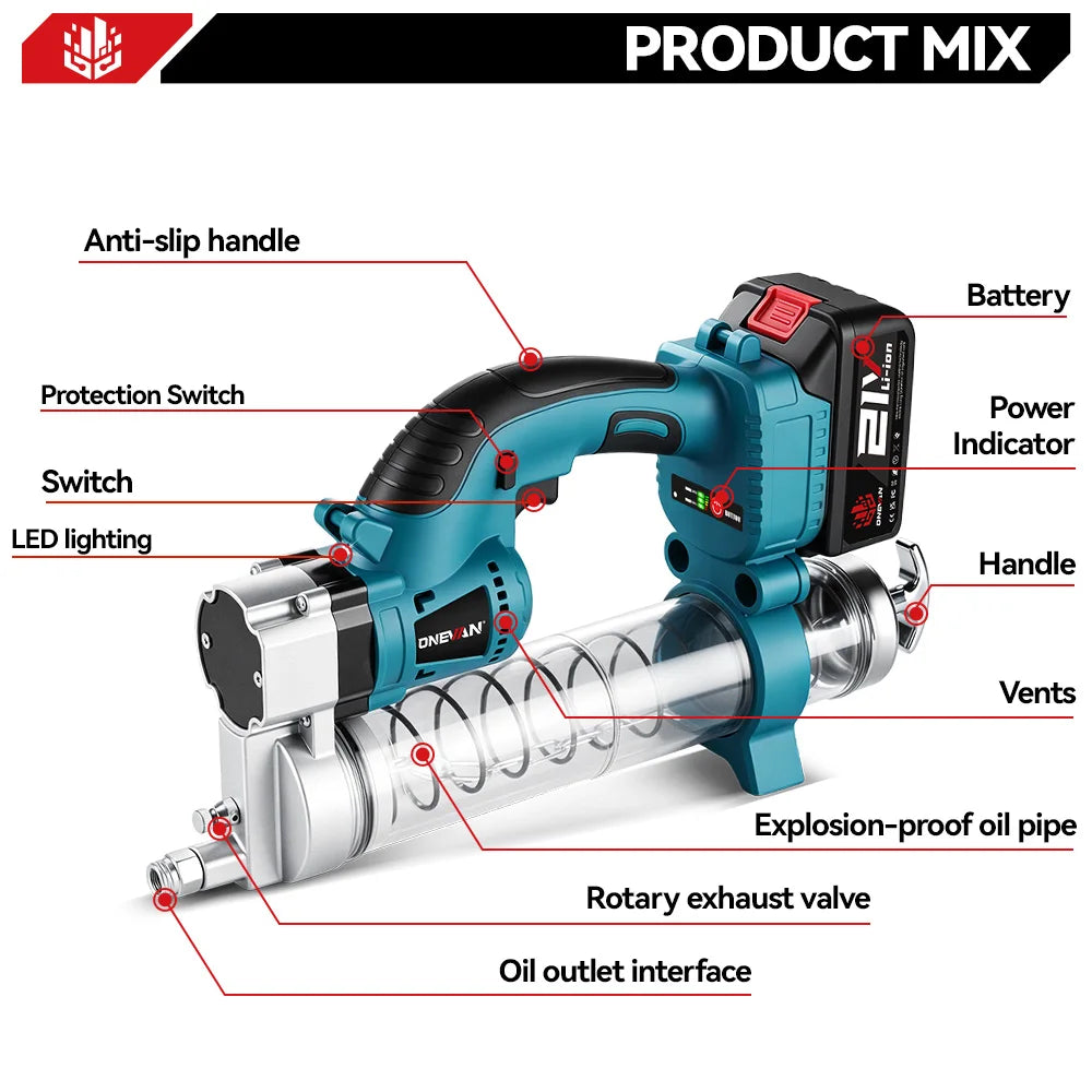 ONEVAN 69Mpa 10000PSL Electric Grease Gun Oil Injector Fat Machine Electric Grease Gun Hardware Tools For Makita 18V Battery Pin