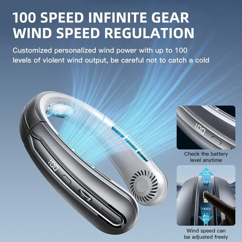 Lenovo 8000mAh Portable Hanging Neck Fan Bladeless Neckband Fan Digital Display Power Air Cooler USB Rechargeable Electric Fan
