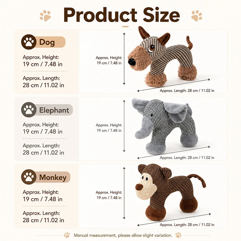 Plush Squeaky Dog Toy Bite Resistant Burlap Plush Animal Chew Toy Dog Elephant Monkey Interactive Fun Pet Toy for Dogs