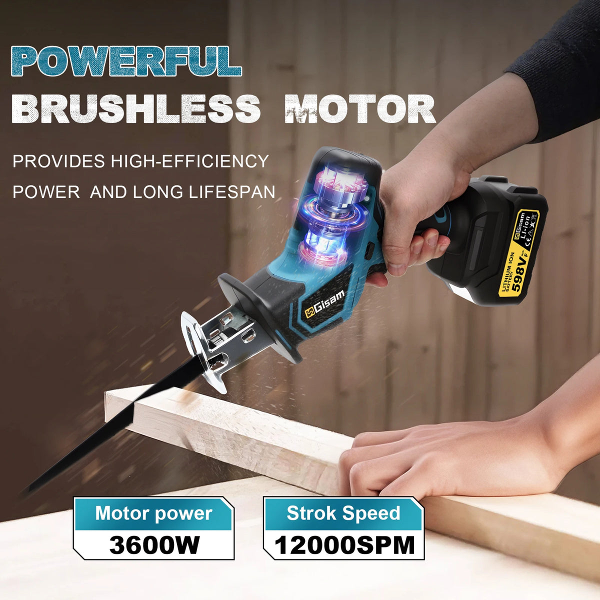 Scie alternative sans balais Gisam 3600W, 12000 tr/min, outil électrique pour la découpe de bois, métal et tuyaux, compatible avec les batteries Makita 18V
