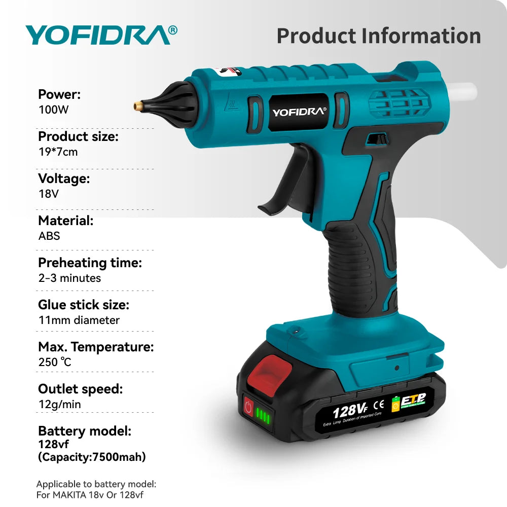 Pistolet à colle chaude YOFIDRA 100W 260° Outil électrique de réparation avec 10 bâtons de colle de 11 mm pour batterie Makita