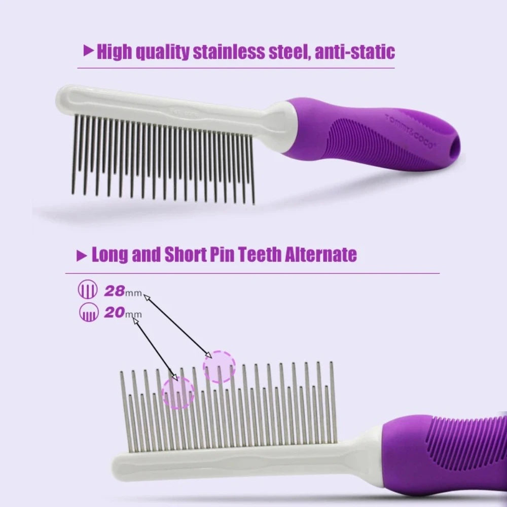Peigne violet pour chiens et chats avec dents en acier inoxydable à poils longs et courts pour éliminer les nœuds et les emmêlements