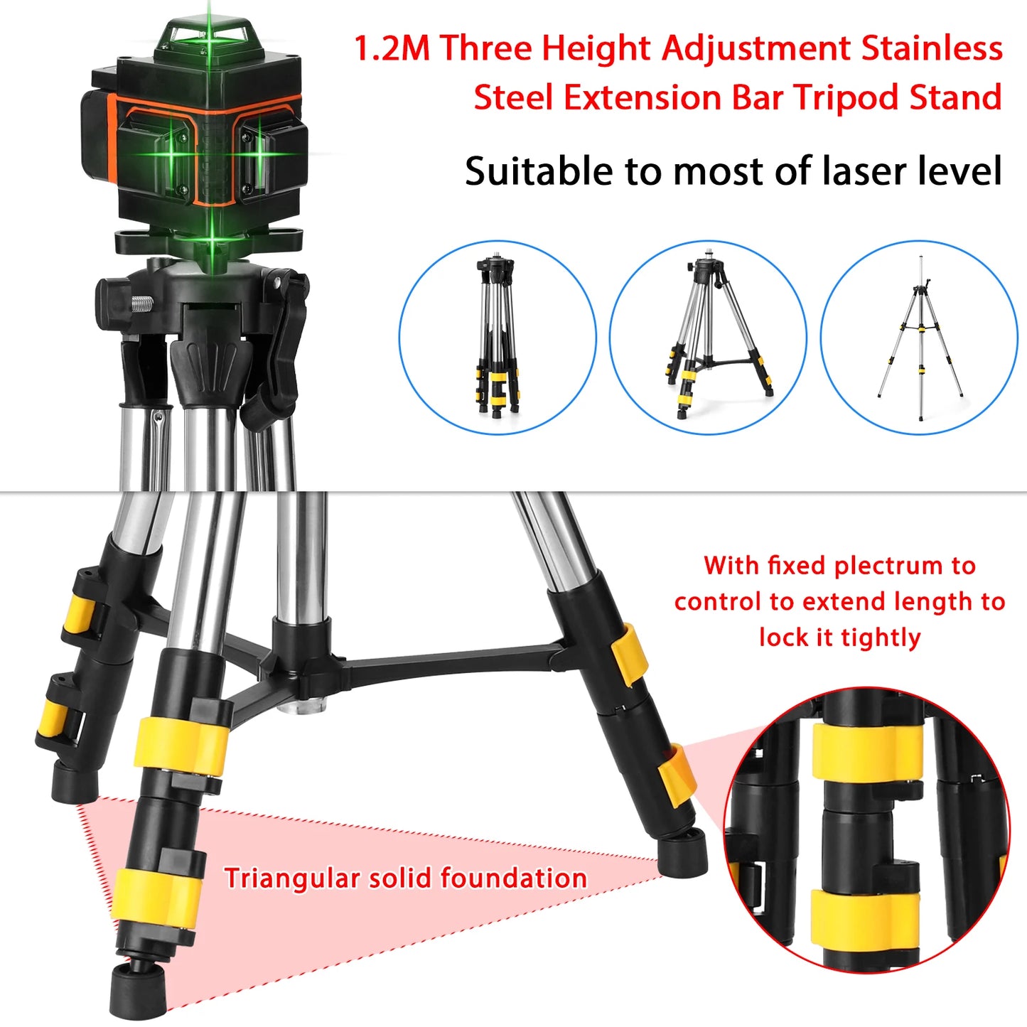 1.2M Three Height Adjustment Stainless Steel Extension Bar Tripod Stand For Laser Level with Bubble-level Tripod Stand