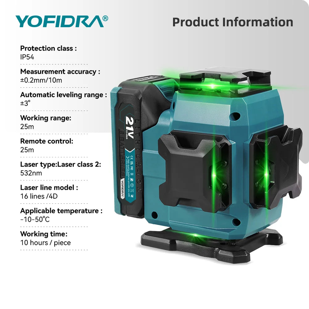 Niveau laser YOFIDRA 4D 16 lignes à nivellement automatique, outils de mise à niveau horizontale et verticale à 360° avec trépied de 1M pour batterie Makita 21V